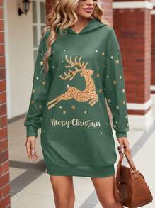 SHEIN LUNE Của phụ nữ In Giáng sinh Thả vai Áo nỉ có mũ - màu xanh lá - Xem 3
