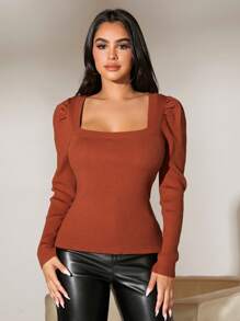 SHEIN SXY 女式性感蓬蓬袖緊身高領毛衣 - 卡其色 - 查看 7