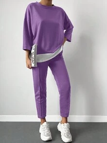 Cottnline 2 piezas Conjunto casual para mujer: Camiseta de manga 3/4 con cuello redondo y hombros caídos en color contrastante y pantalones - Morado - Ver 4