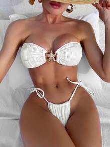 SHEIN Swim Summer Beach Bikini Set With Knotted Side And Starfish Detail - White - View 1