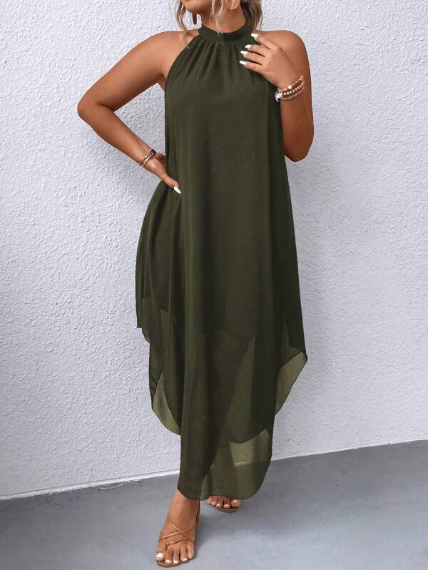 SHEIN Clasi Plus Size Stylish Green Halter Neck Dress, Women Outfit