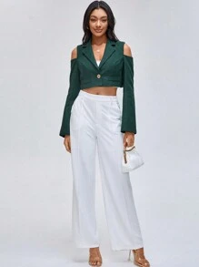 CAYCEE BLACK 设计师商务休闲露肩单扣短款西装外套，适合假日、度假、外出、春季、节日、伊比萨岛风、办公室 - 墨綠色 - 查看 4