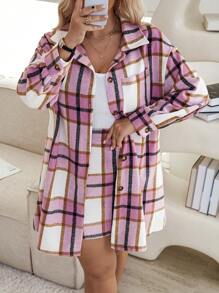 SHEIN Essnce Women's Plus Size Plaid Jacket And Skirt Set - Pink - View 4