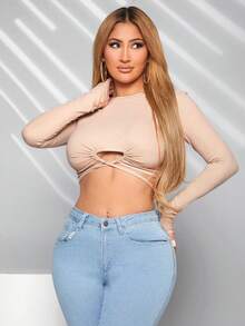 SHEIN SXY 女款性感中空交叉肩帶卡其長袖t恤