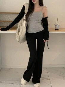 DAZY 女士休闲纯色工装裤，女士深秋休闲口袋，开叉自然紧身长款黑色粘胶常规版型女裤，休闲日常穿着 - 黑色 - 查看 4