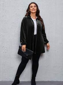 SHEIN LUNE 大码秋季女式圣诞纹理面料迷你格子法兰绒娃娃风格衬衫上衣宽松休闲衬衫上衣带袖衬衫，适合冬季 - 黑色 - 查看 3