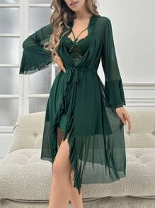 Lace Panel Flounce Sleeve Mesh Robe & Cami Dress PJ Set / Pajama Set - Dark Green - View 6