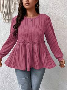 Kích thước lớn Của phụ nữ Màu thuần Xù Peplum Hem Áo thun In Chất vải - Màu Hồng Tươi - Xem 3
