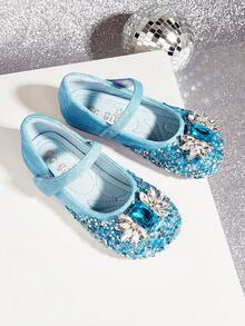 女童公主裙鞋鑲水晶艾莎公主扁平閃亮鑲鑽鞋鋼琴表演舞台鞋 - 藍色 - 查看 6