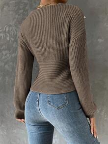 SHEIN Privé 珍珠細節裹身開襟毛衣 - 摩卡棕 - 查看 2