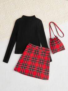 SHEIN Cô gái Tween Dệt kim Màu thuần Đứng cổ áo Áo & Kẻ sọc Bộ váy Với Túi đeo chéo - màu đen - Xem 2