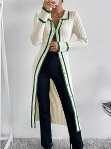 SHEIN Clasi Striped Trim Button Front Sweater Dress Fall Winter Cloth For Women - Multicolor - View 4