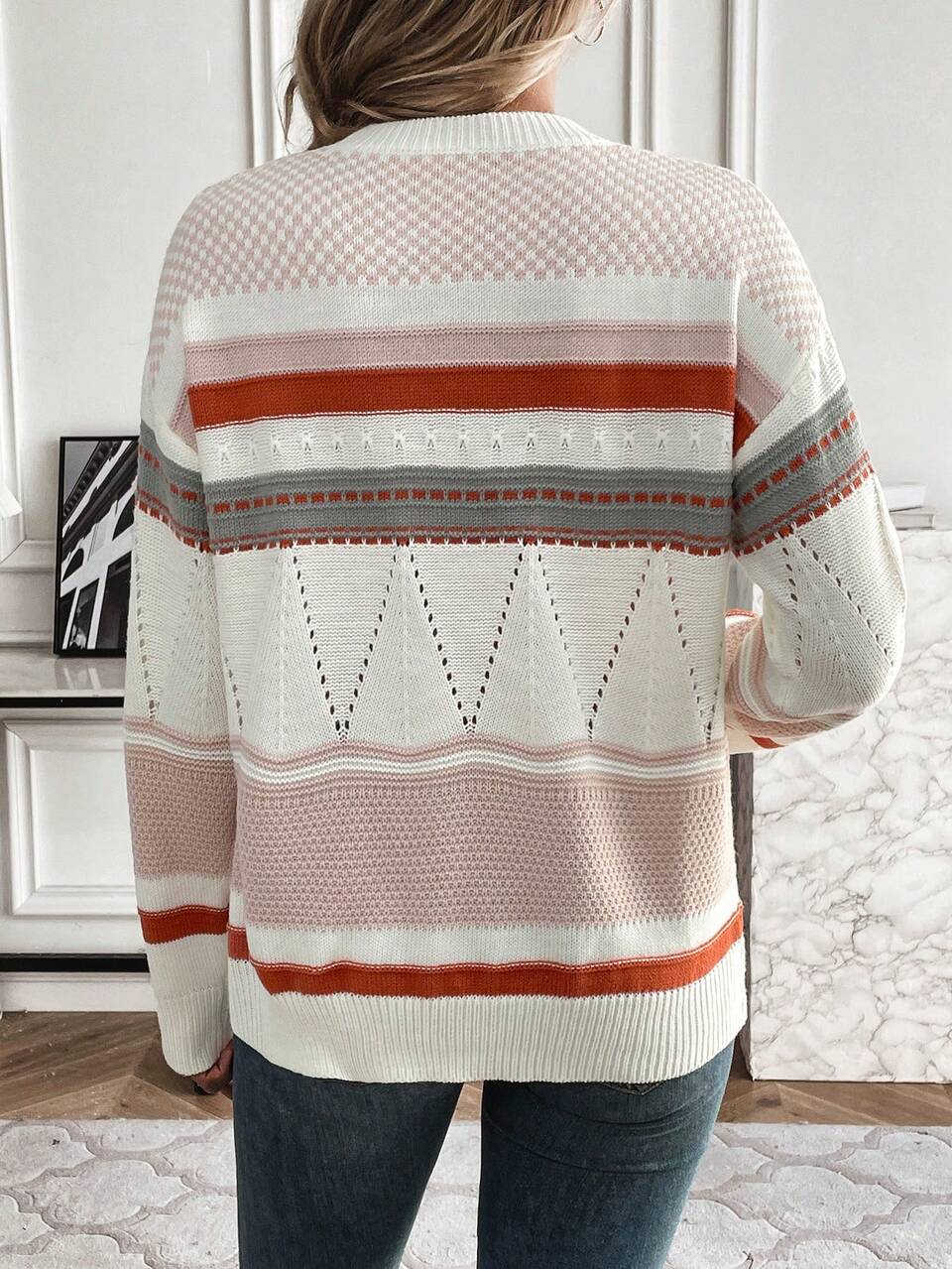 Striped Pattern Oversized Sweater With Dropped Shoulders Knit Pullover Fall Winter Sweater