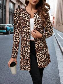 SHEIN Clasi Abrigo con estampado de leopardo de manga gigot con parte delantera abierta - Multicolor - Ver 1