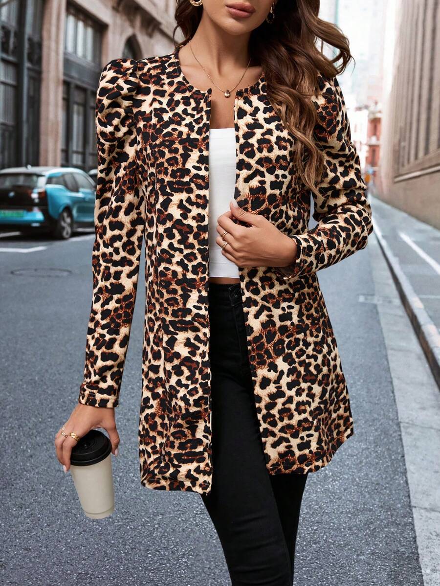 SHEIN Clasi Abrigo con estampado de leopardo de manga gigot con parte delantera abierta - Multicolor - Ver 1