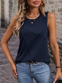 SHEIN LUNE Solid Seam Front Tank Top - Navy Blue - View 6