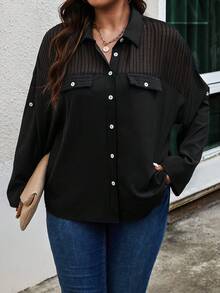 Calvaya 大碼網紗拼接捲邊袖翻蓋細節襯衫 - 黑色 - 查看 3