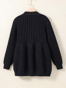 SHEIN 女童纯色前开襟羊毛衫 - 黑色 - 查看 2