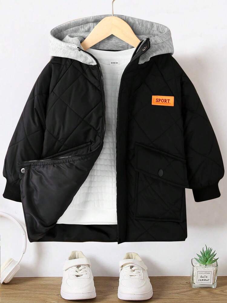 Young Boy Letter Patched Detail Hooded Quilted Coat