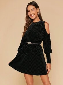 SHEIN Clasi Ladies' Solid Color Cold Shoulder Dress, Belt Not Included - Black - View 4