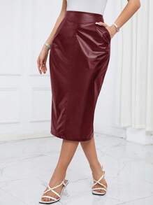 SHEIN Privé צבע אחיד חצאיות עם משופע כיסים - בורגונדי - ראה 1