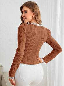 SHEIN Privé 女款蕾絲拼接羊肚袖夾克 - 鏽棕色 - 查看 2