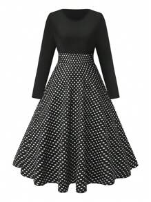 EMERY ROSE 女式大尺碼波點拼接喇叭形下擺 A 字連身裙 - 黑與白 - 查看 3