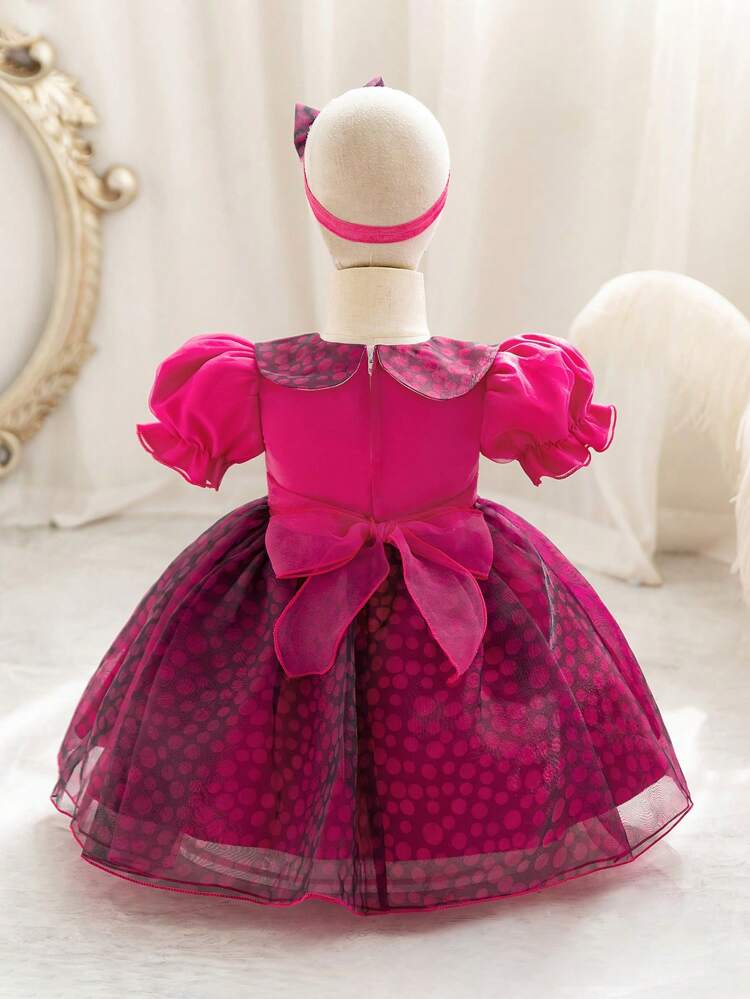Baby Girls' Polka Dot Print Puff Sleeves Tulle Party Dress