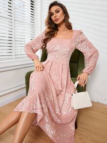 GENKIRA Vestido De Manga Comprida Com Mangas Lanternas De Gola Quadrada De Jacquard Com Estampa De Leopardo - Rosa Bebê - Visão 5