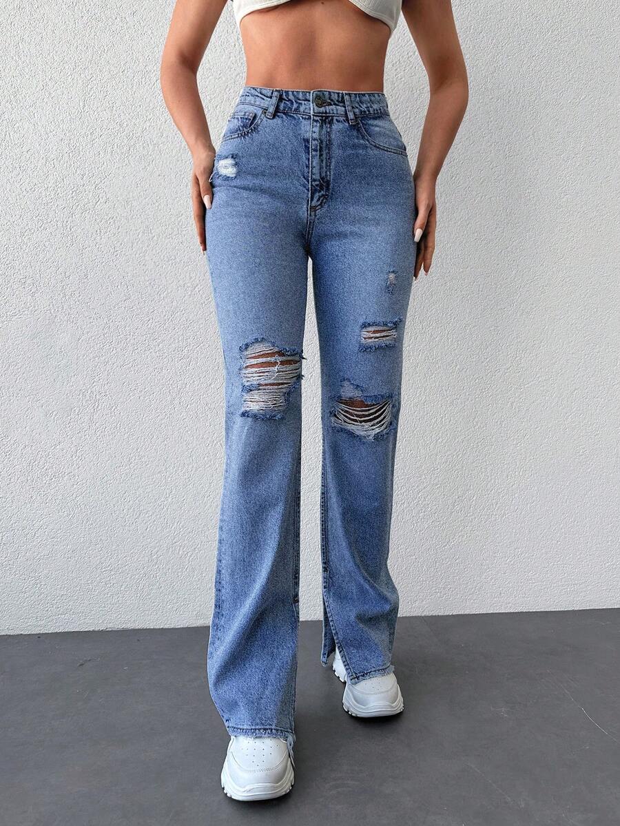 EURMUSE Ripped Flare Leg Jeans - Teal Blue - View 1