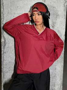 SHEIN EZwear Của phụ nữ Cổ chữ V Áo chui đầu Áo nỉ - Đỏ - Xem 7
