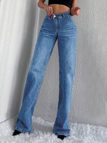 EURMUSE High Waist Straight Leg Jeans - Blue - View 5