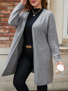 SHEIN LUNE 女性加大碼單色鬆身開衫,前開襟,下垂肩 - 灰色 - 查看 1