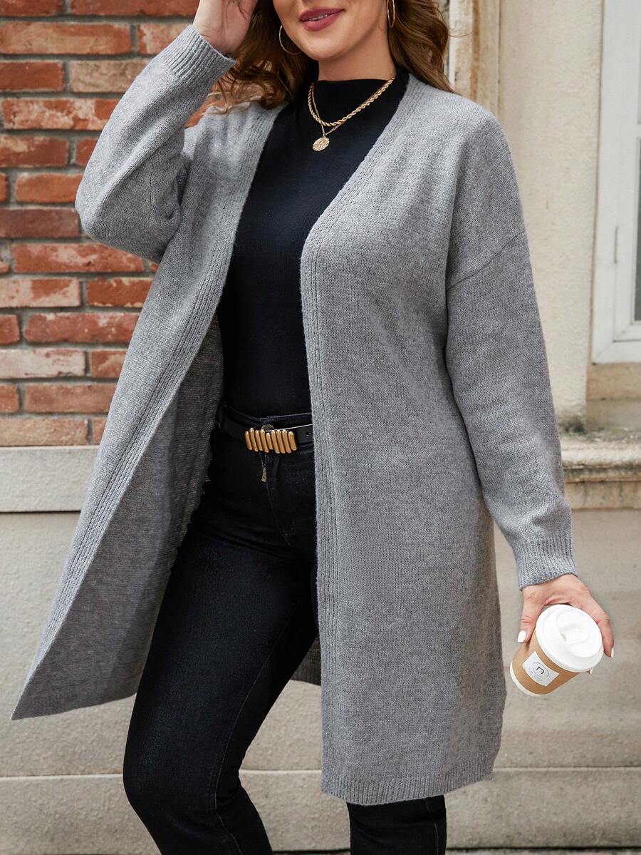 SHEIN LUNE 女性加大碼單色鬆身開衫,前開襟,下垂肩 - 灰色 - 查看 1