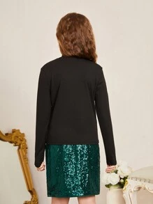 SHEIN Tween Girl Knitted Solid Color Stand Collar Top With Woven Beaded Hem Skirt Set - Black - View 2