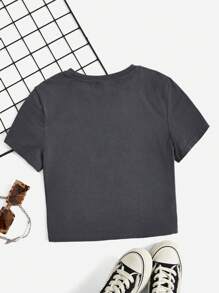 Comfortcana Casual White Line Guitar Pattern Grey Round Neck Short Sleeve Slim Short T-Shirt For Women, Suitable For Summer Music Festival - Dark Grey - View 2