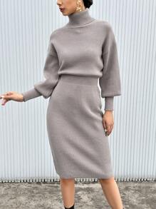 SHEIN Privé 女士高領束腰針織連衣裙 - 卡其色 - 查看 1