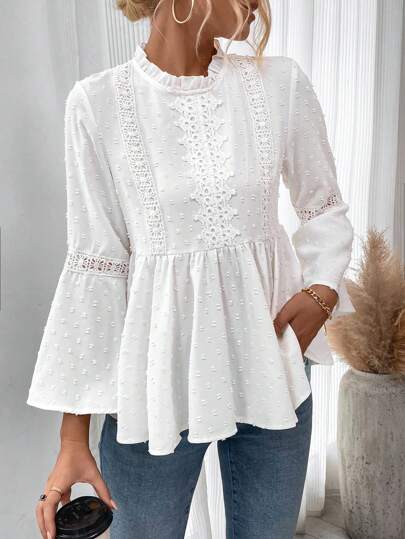 Breezaya Women's Solid Color Stand Collar Flare Sleeve Shirt Peplum Top