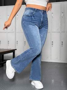 SHEIN EZwear 女士大尺碼喇叭牛仔褲 - 藍色 - 查看 5