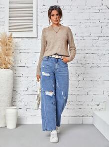 SHEIN LUNE Women's Distressed Straight Leg Jeans - Medium Wash - View 6