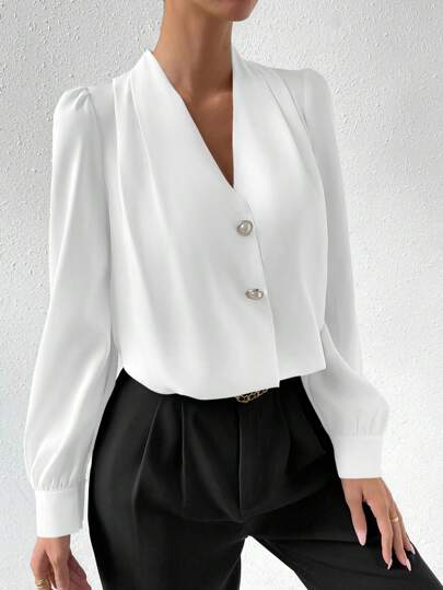 SHEIN Privé V-neck Puff sleeve White Shirt