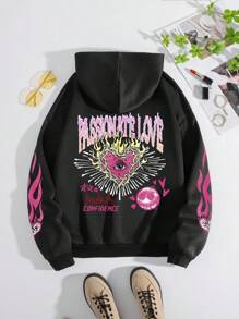 SHEIN EZwear Của phụ nữ Lông cừu Hoodie Với Lá thư Và Ngọn lửa In ấn - Màu xanh nhạt - Xem 1