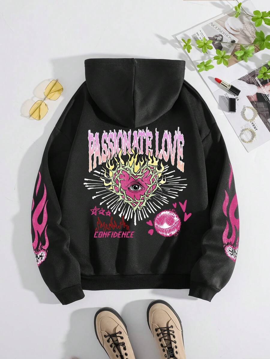 SHEIN EZwear Của phụ nữ Lông cừu Hoodie Với Lá thư Và Ngọn lửa In ấn - Màu xanh nhạt - Xem 1