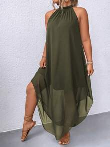 SHEIN Clasi Plus Size Stylish Green Halter Neck Dress, Women Outfit - Army Green - View 5