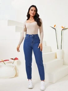 SHEIN EZwear 女性胡蘿蔔切牛仔褲 - 中等水洗藍 - 查看 5