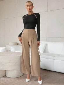 SHEIN Privé Women's Double-breasted Buttoned Trousers - Khaki - View 5