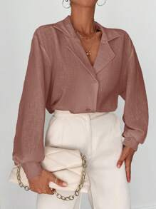 EURMUSE Solid Button Front Shirt - Dusty Pink - View 4