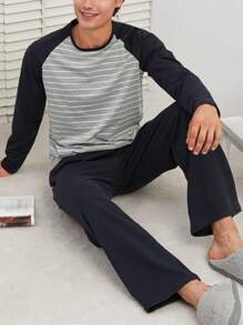 RueChic 男士條紋插肩袖長袖 T 恤和褲子家居服套裝 - 藏蓝色 - 查看 1