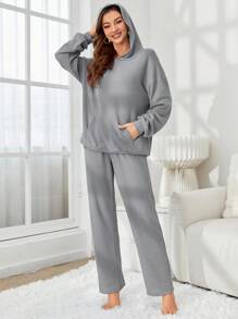 女用針織長袖連帽衫上衣長褲休閒運動服 - 灰色 - 查看 5