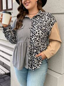 SHEIN LUNE Plus Size Women's Leopard Print Drop Shoulder Shirt - Multicolor - View 5